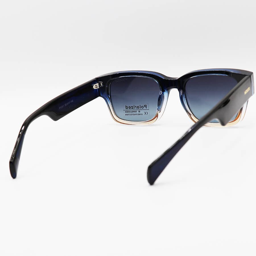 عینک آفتابی مربعی MOSCOT با فریم آبی رنگ، دسته سیم و لنز پلاریزه و هایلایت مدل P1201 — تصویر ۴