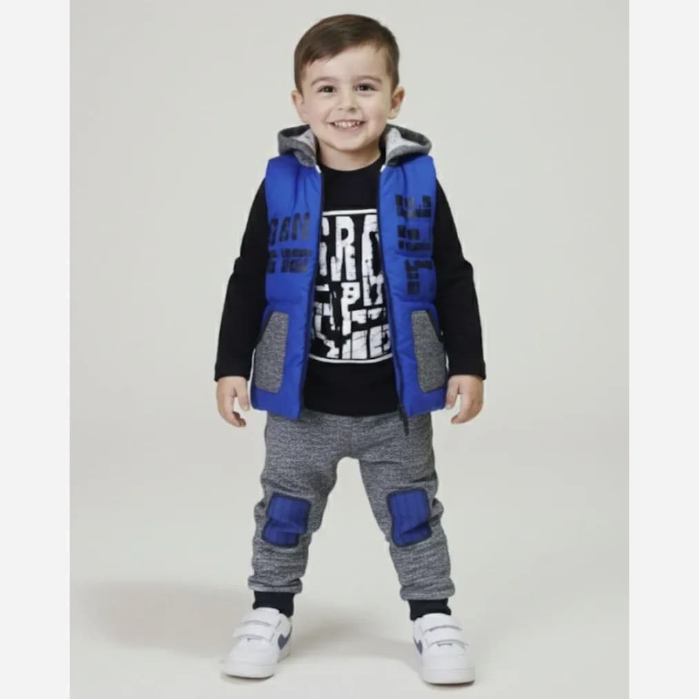 ست سه تکه پسرانه پافر کلاهدار بلوز پنبهای و شلوار تو کرکی گرم — تصویر ۳
