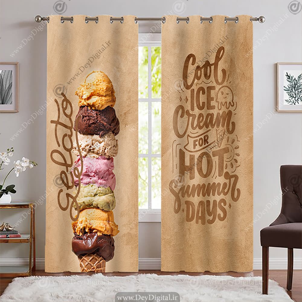 پرده چاپی طرح فانتزی بستنی فروشی با زمینه قهوه ای WA-1911-s