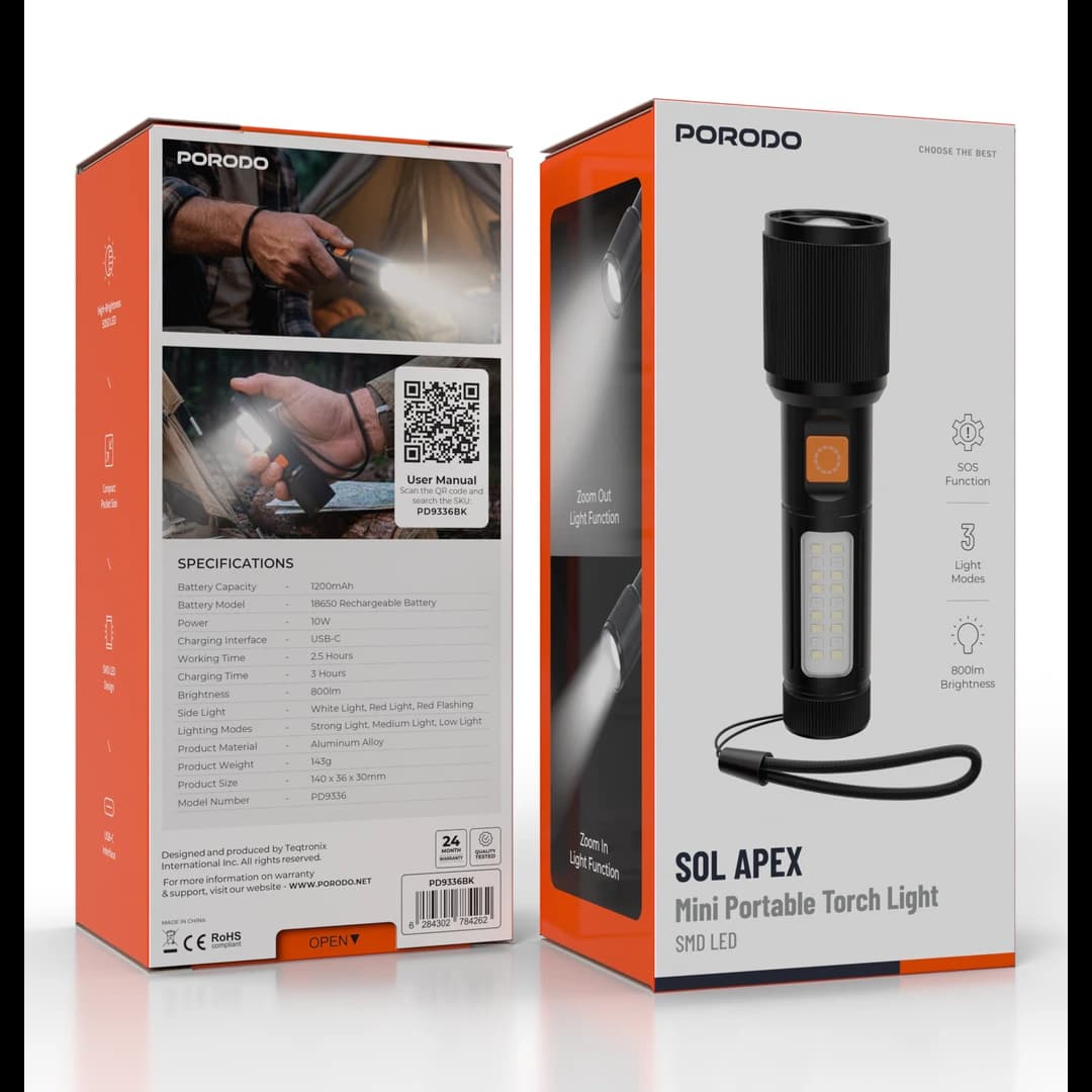 چراغ قوه پرودو مدل Sol Apex Mini با نور 800 لومن مدل PD9336BK — تصویر ۲
