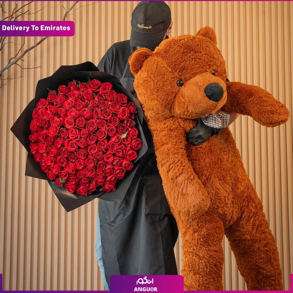 دسته گل رز قرمز با خرس جامبو (دبی و امارات)