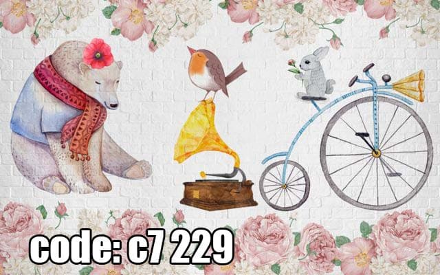 پوستر دیواری سهبعدی کودک طرح خرس، پرنده و دوچرخه فانتزی