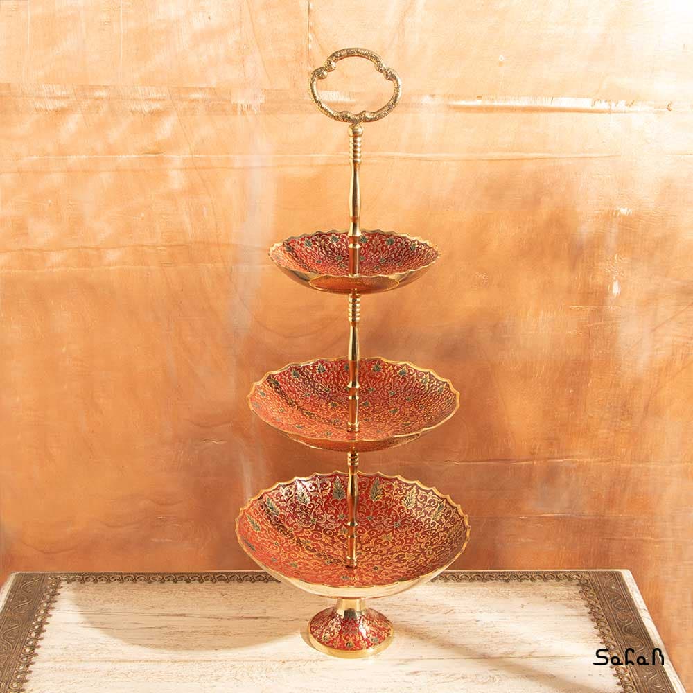 میوه خوری سه طبقه برنجی هندی میناکاری طرح تاج — تصویر ۵