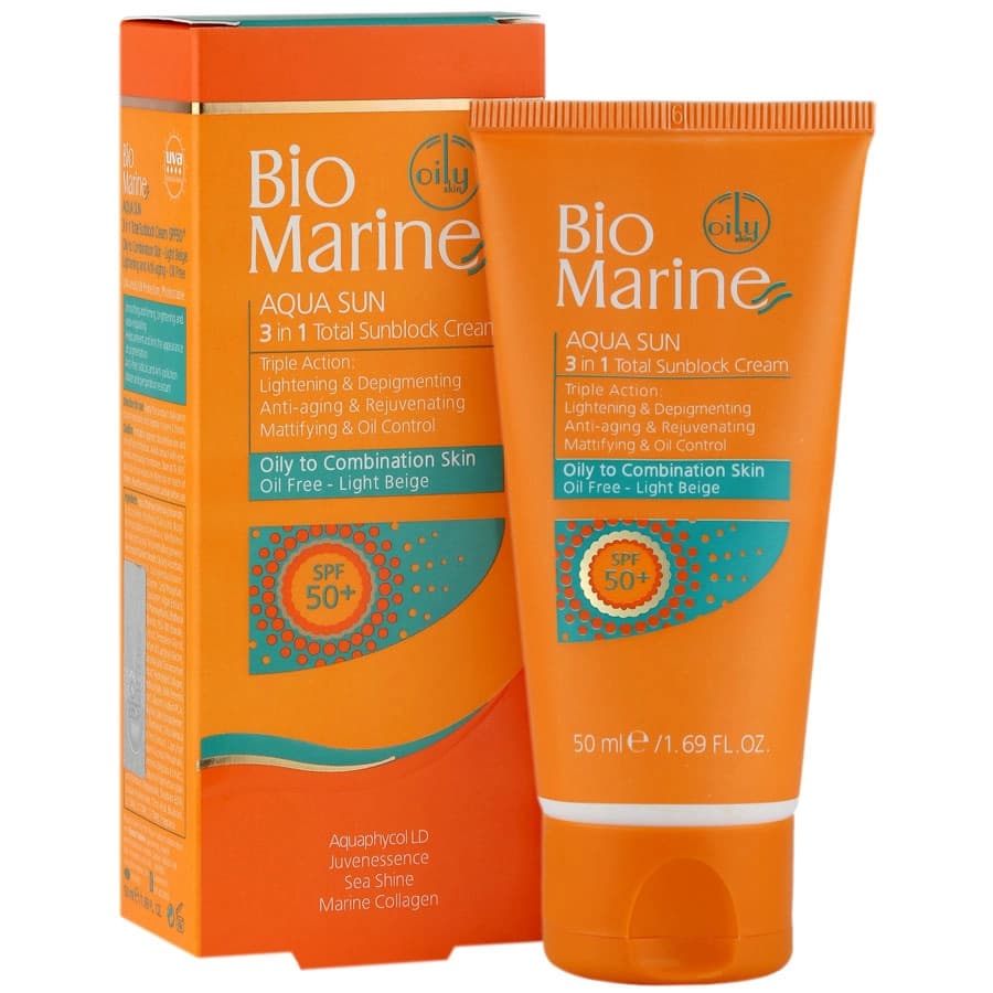 کرم ضد آفتاب روشن کننده و ضد چروک SPF50 بژ روشن پوست چرب و مختلط بایومارین