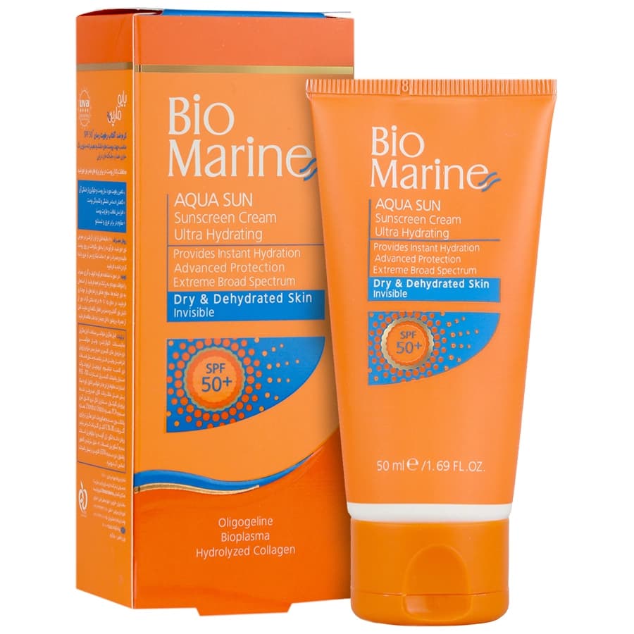 کرم ضد آفتاب رطوبت رسان SPF50 بی رنگ پوست خشک و دهیدراته بایومارین