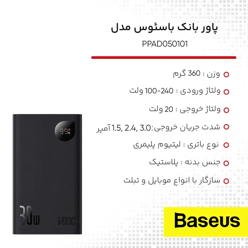 پاوربانک 20000 میلیآمپر بیسوس مدل Baseus Adaman2 PPAD050101 30W — تصویر ۳