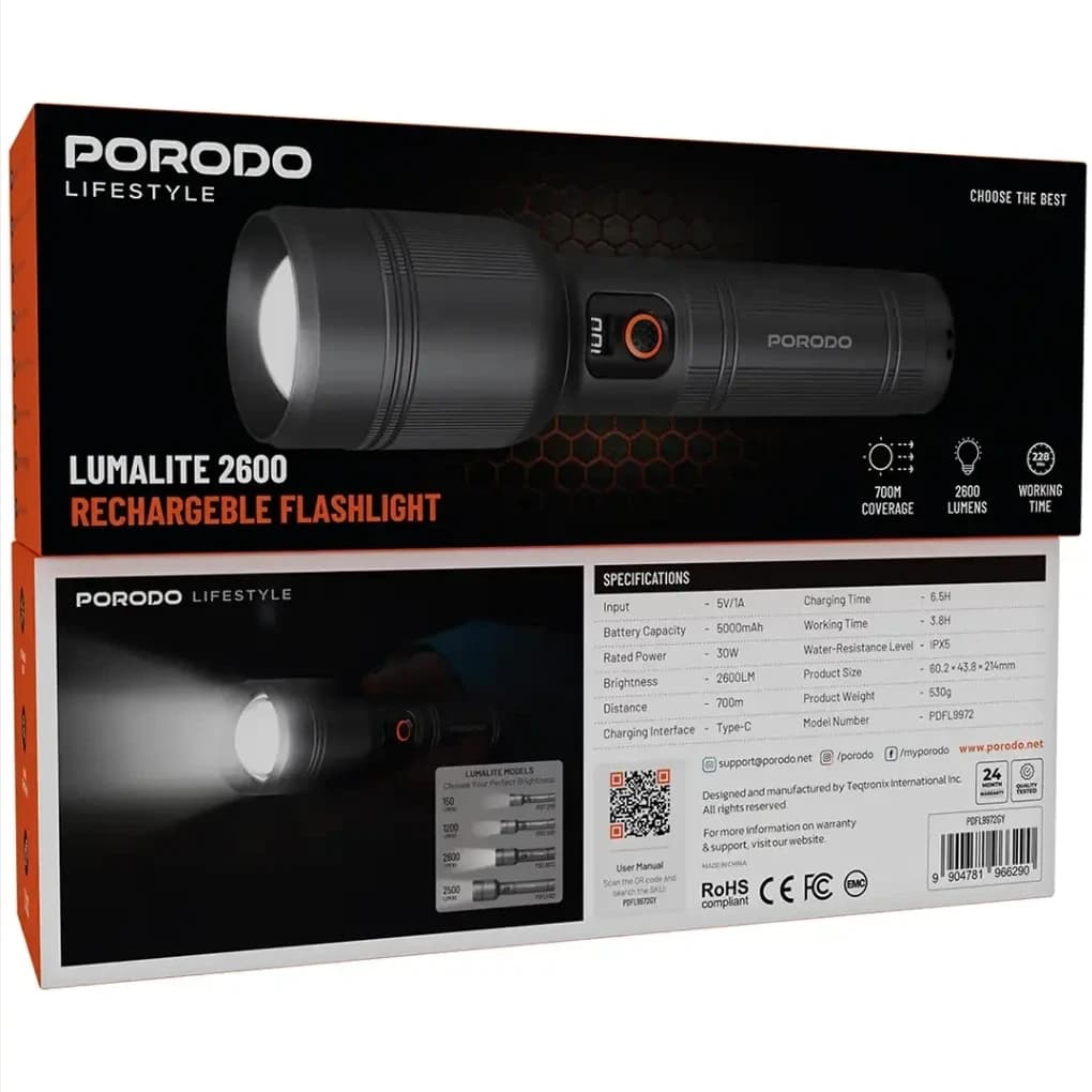 چراغقوه شارژی پرودو مدل Lumalite 2600 ا Porodo Lifestyle Lumalite 2600 Rechargeable Flashlight — تصویر ۵