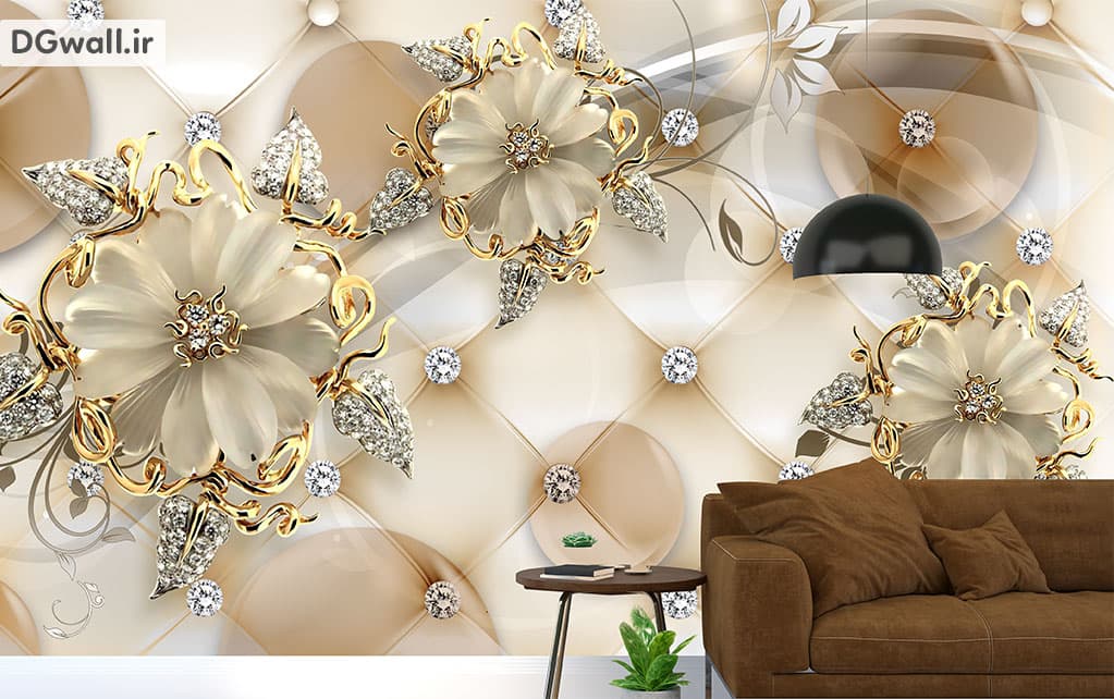 پوستر دیواری سه بعدی حباب ها و گل طلایی FL0147