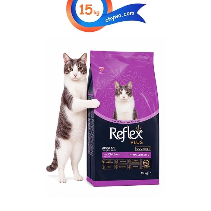 غذای خشک گربه بالغ رفلکس پلاس طعم مرغ مدل گورمت هایپوآلرژنیک وزن 15 کیلوگرم Reflex Adult Gourmet Chicken