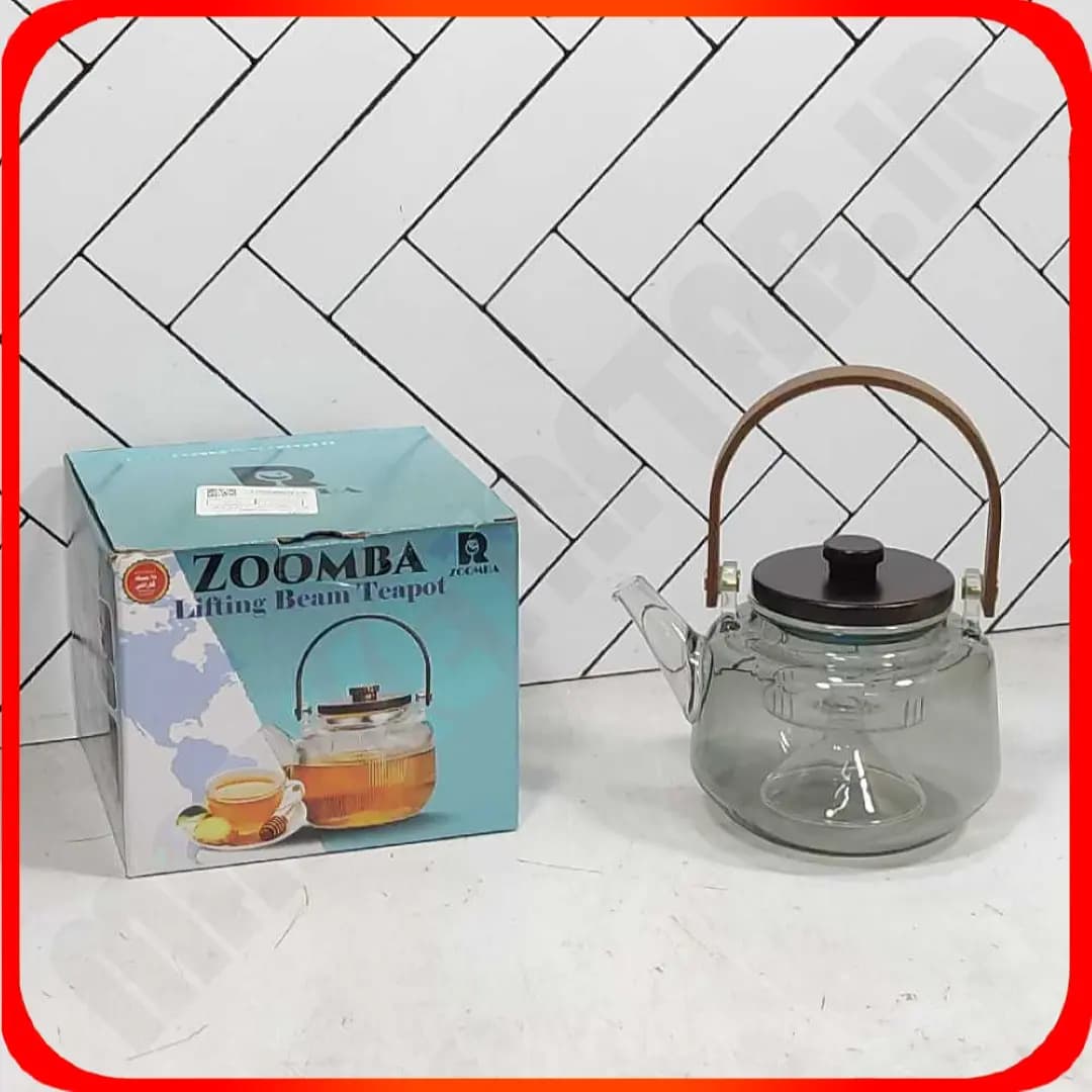 قوری پیرکس صافی دار صافی شیشه ای دسته چوبی حجم 900 میل زومبا