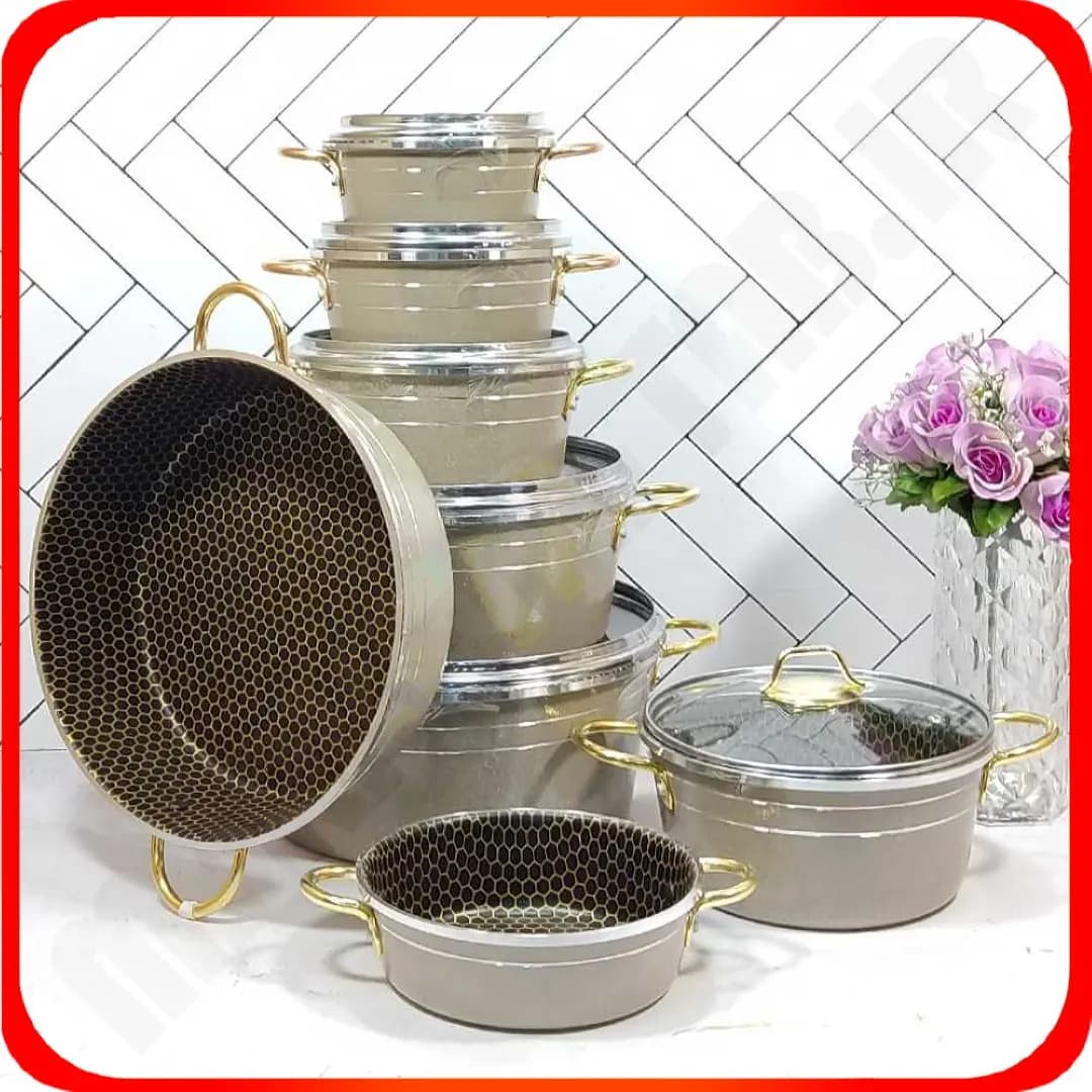 سرویس قابلمه 14 پارجه نسکافه ای زنبوری گلدانی دسته طلایی زومبا