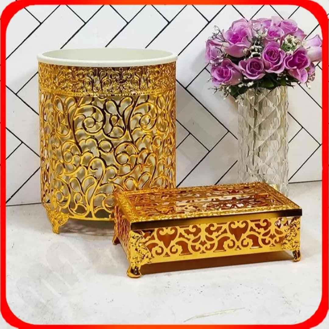 سطل و دستمال طرح پیچ فرفورژه طلایی خاتم
