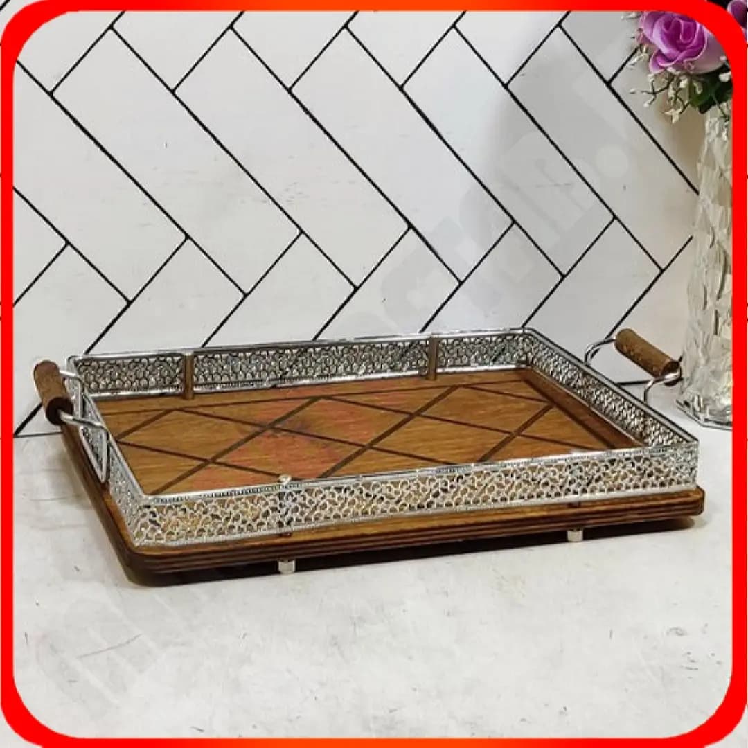 سینی کف چوب مستطیل کلاسیک تسمه‌ای سیلور خاتم