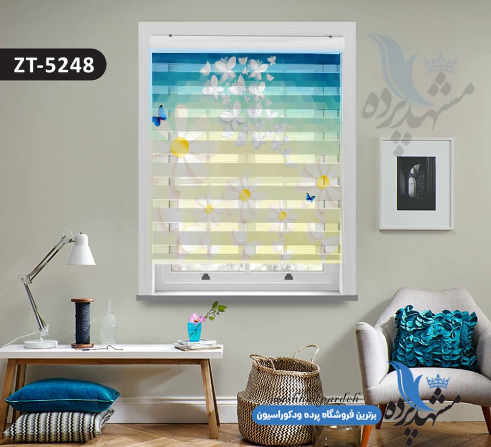 پرده زبرا تصویری چاپی طرح گل و پروانه کد ZT5248