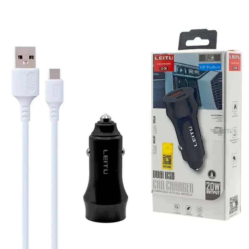 شارژر فندکی با کابل تایپ سی LEITU LC-C15 USB+PD 20W