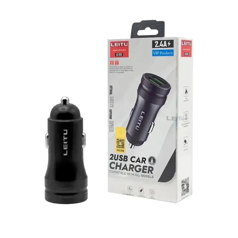 شارژر فندکی با کابل تایپ سی LEITU LC-C13 2USB 2.4A