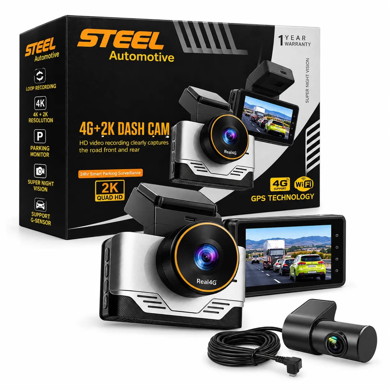 دوربین ثبت وقایع خودرو سیم‌کارت خور STEEL 4G+2K دو دوربین با مشاهده آنلاین از راه دور
