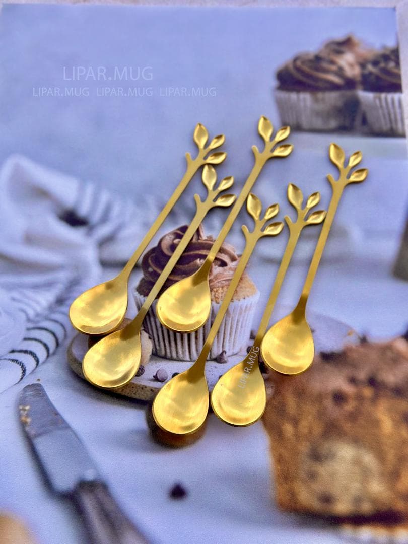 ست صبحانه خوری طلایی دسر خوری طرح برگی کد 7932 — تصویر ۳