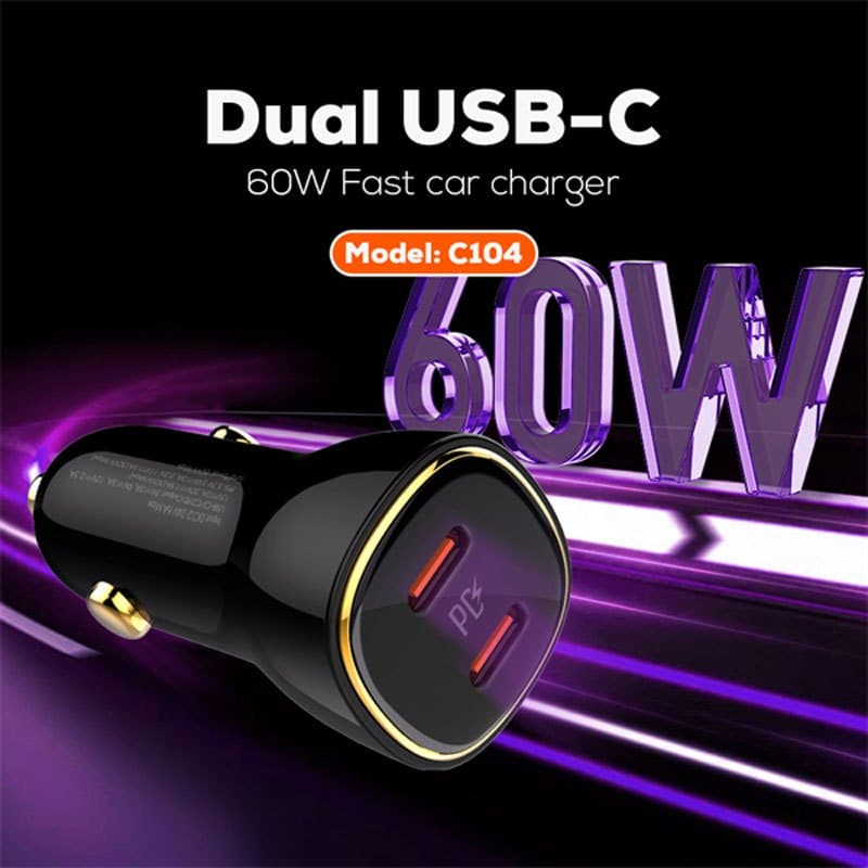 شارژر فندکی 30 وات الدینیو C104 + کابل تبدیل تایپ سی — تصویر ۲