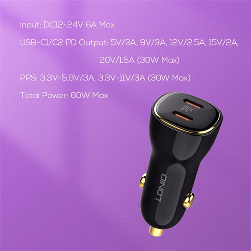 شارژر فندکی 30 وات الدینیو C104 + کابل تبدیل تایپ سی — تصویر ۴