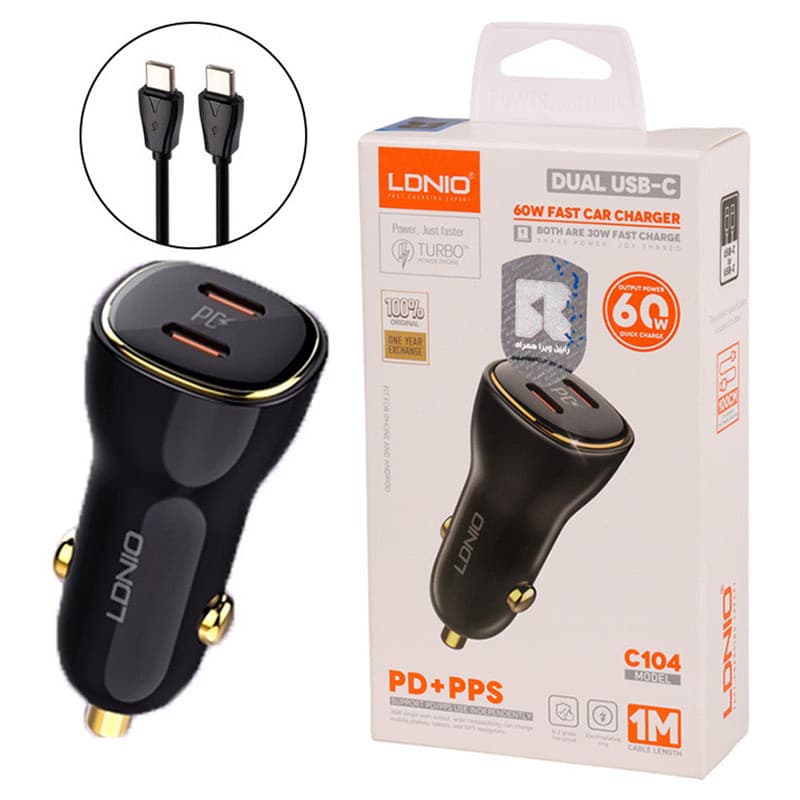 شارژر فندکی 30 وات الدینیو C104 + کابل تبدیل تایپ سی