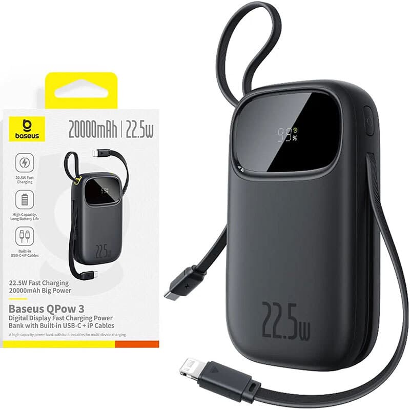 پاور بانک فست شارژ باسئوس QPOW3 P10082107123 PD 22.5W ظرفیت 20000 میلی آمپر ساعت