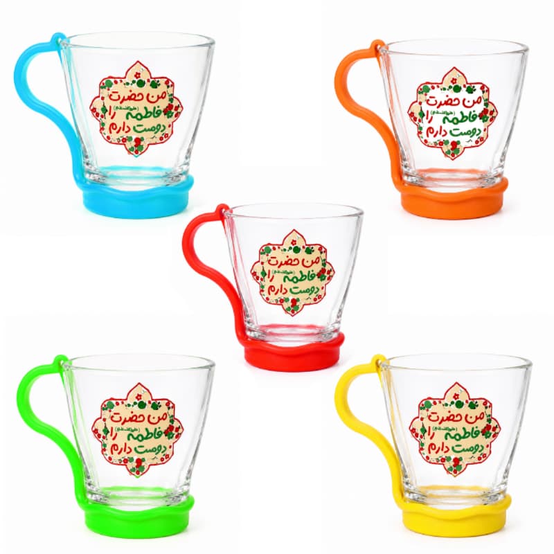 لیوان شیشه ای شفاف کودکانه طرح حضرت فاطمه و ایام فاطمیه-قطر دهانه 7 ارتفاع 7.5-دسته پلاستیکی رنگی جدا کد 104640