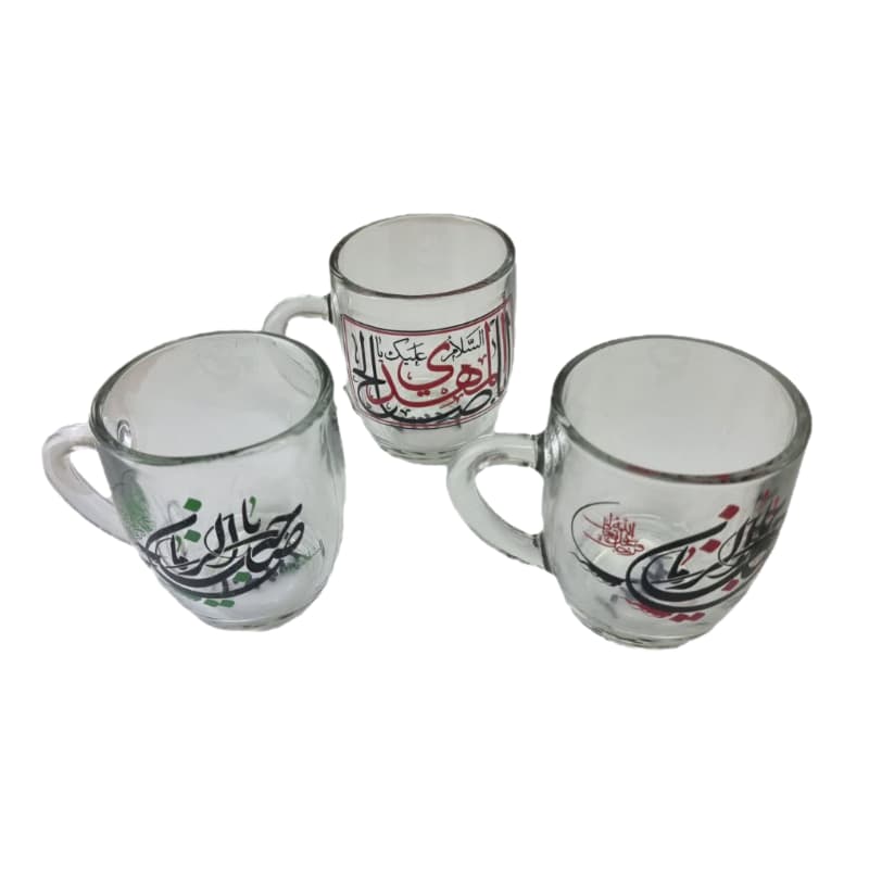 نیم لیوان شیشه ای دسته دار طرح مهدوی و امام زمان عج-نیم ماگ شفاف مذهبی قطر دهانه 7 ارتفاع 8 سانت کد 104637