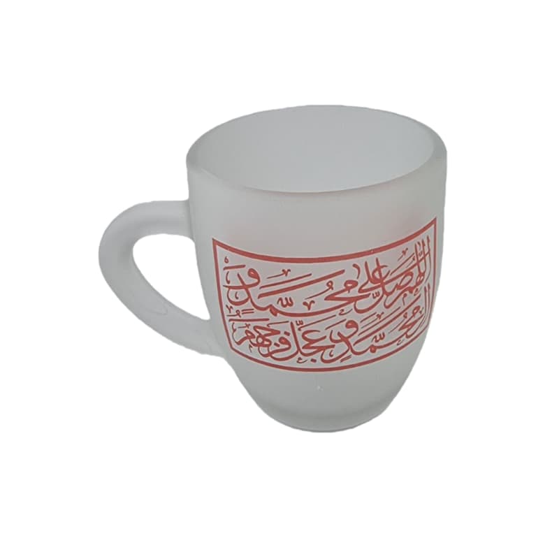 نیم لیوان شیشه ای دسته دار طرح صلوات-نیم ماگ مات مذهبی قطر دهانه 7 ارتفاع 8 سانت کد 104633