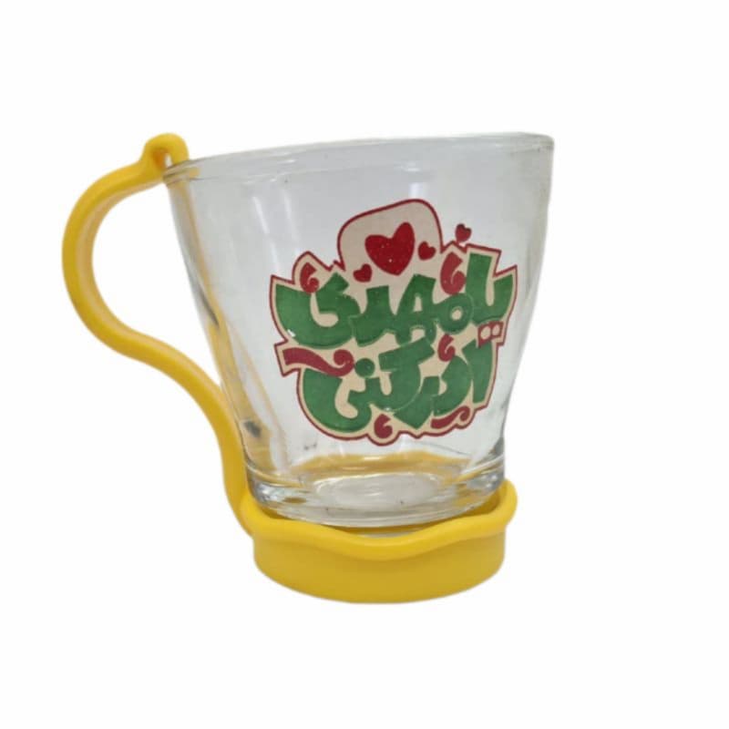 لیوان شیشه ای شفاف کودکانه طرح های امام زمان عج-قطر دهانه7 ارتفاع 7.5-دسته پلاستیکی رنگی جدا کد 104626 — تصویر ۴