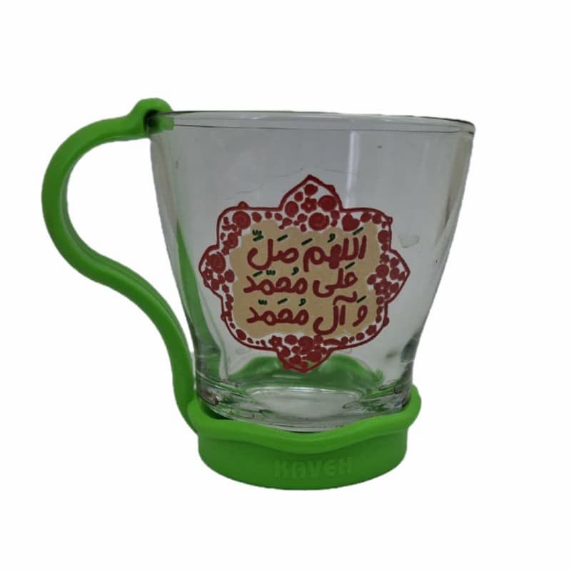 لیوان شیشه ای شفاف کودکانه طرح های امام زمان عج-قطر دهانه7 ارتفاع 7.5-دسته پلاستیکی رنگی جدا کد 104626 — تصویر ۲