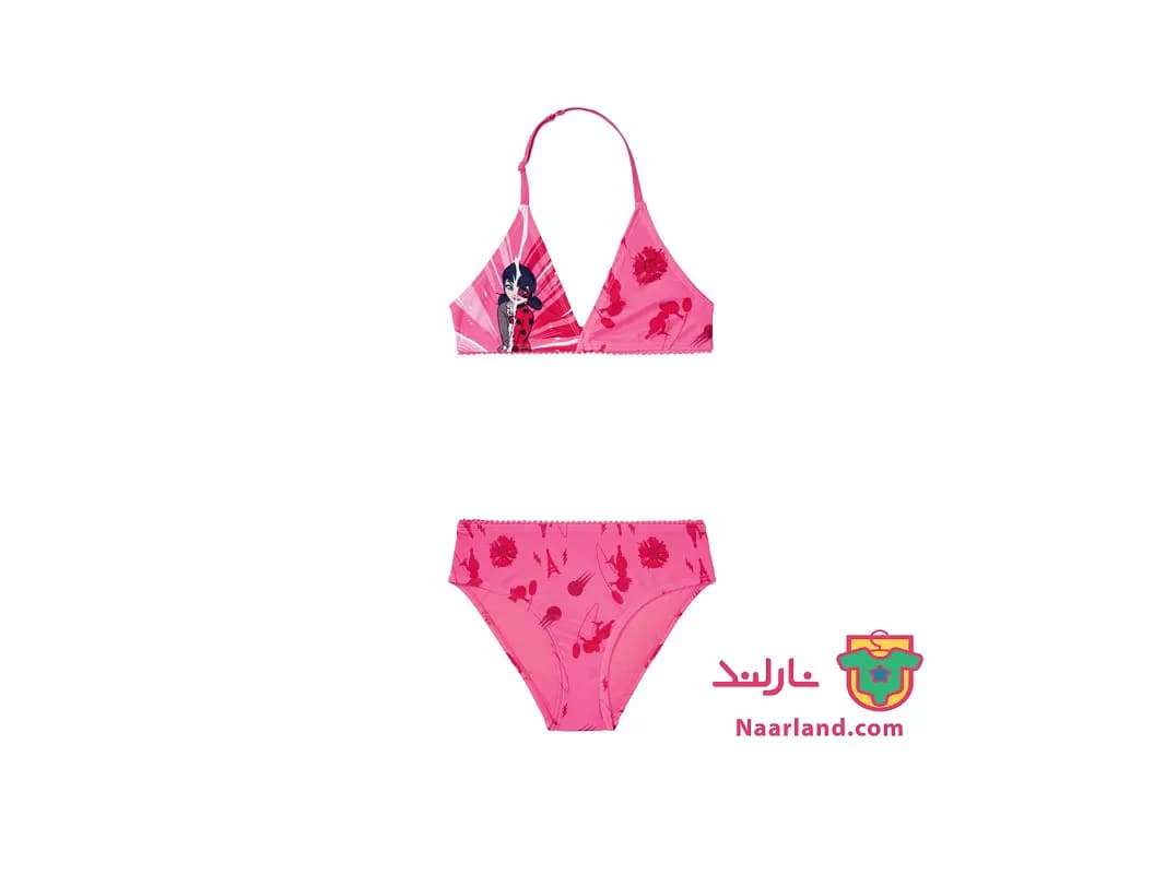 مایو دو تکه صورتی طرح دختر کفش دوزکی