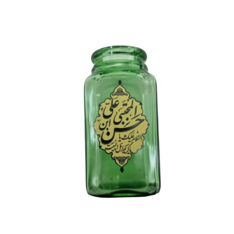 گلدان کوچک شیشه ای مربعی مذهبی سبز یا حسن مجتبی س قطر 5 ارتفاع 9سانت کد 10422108