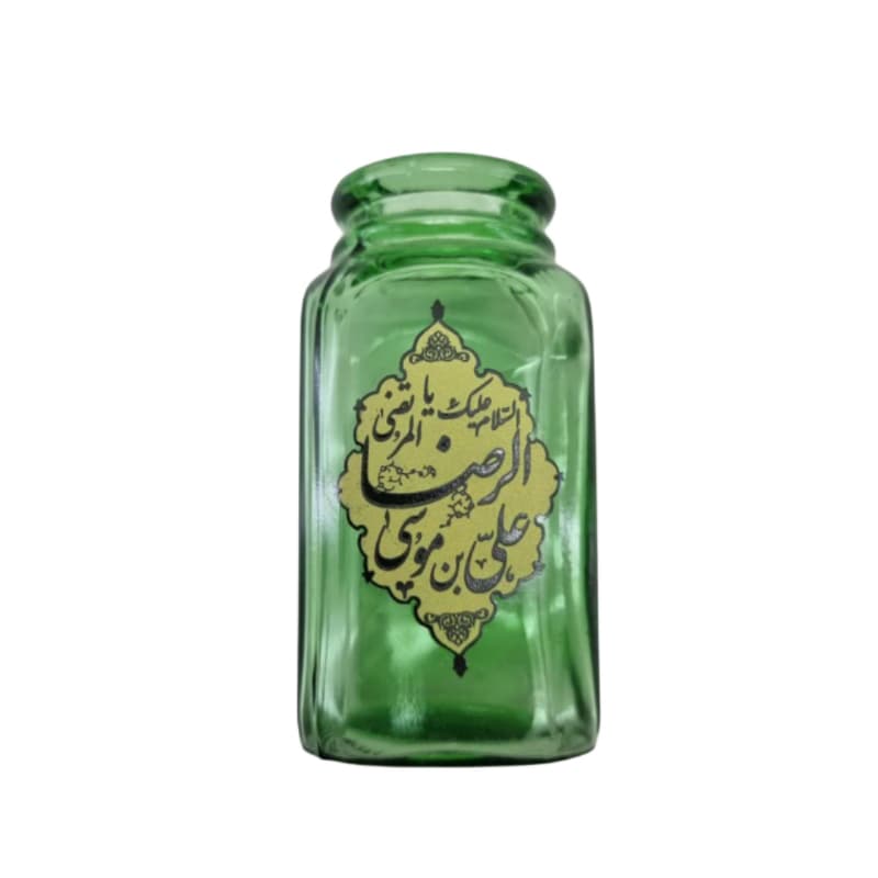 گلدان کوچک شیشه ای مربعی مذهبی سبز یاعلی بن موسی الرضا ع قطر 5 ارتفاع 9سانت کد 10422105