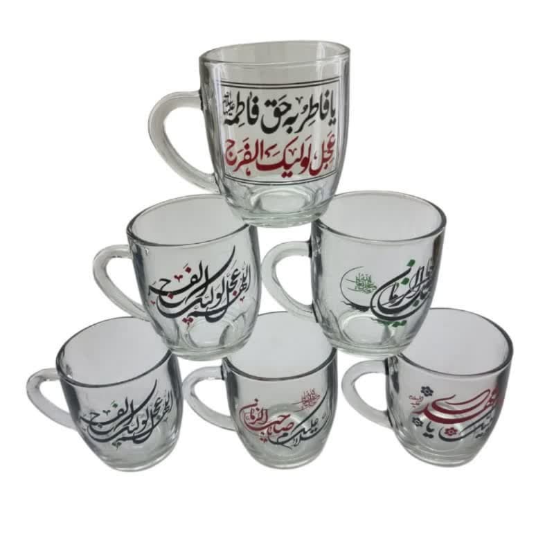 لیوان شیشه ای دسته دار طرحهای متنوع مهدوی-ماگ شفاف مذهبی قطر دهانه 8ارتفاع 9سانت کد 104321