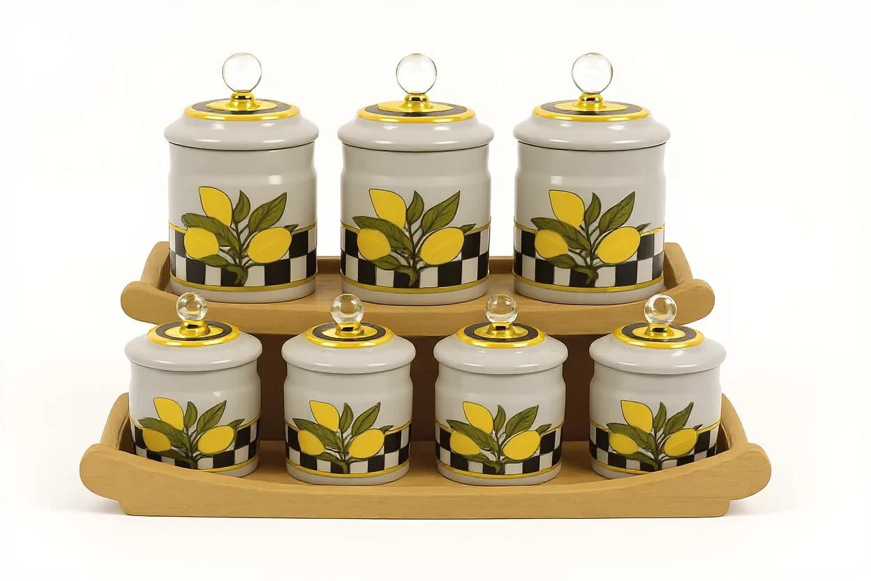 سرویس پاسماوری 7 پارچه مدل lemon استند چوبی برند Aria رنگ سفید طوسی