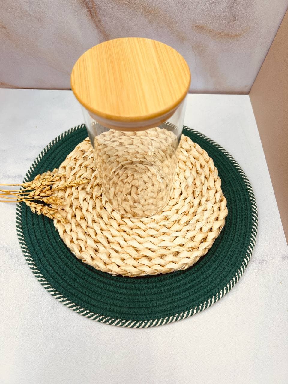 بانکه پیرکس استوانه ای جا دار درب بامبو RJ4 — تصویر ۲