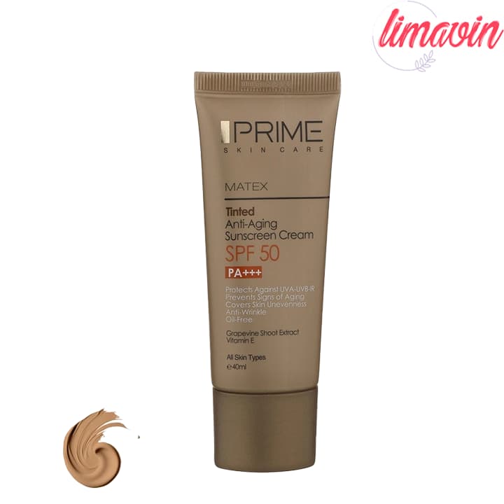 کرم ضد آفتاب رنگی پرایم SPF 50 مدل aging محافظ UVA ،UVB و PA+++، ضد چروک و ضد پیری مناسب انواع پوست حجم 40 میلیلیتر