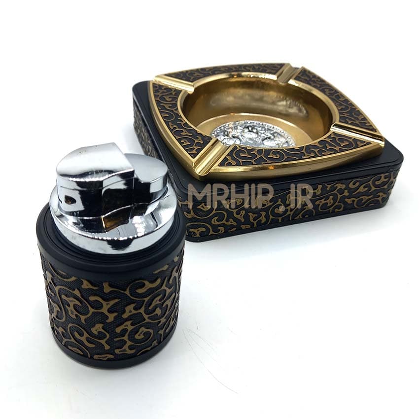 ست فندک اتمی و زیرسیگاری مدل اسلیمی مشکی طلایی کد a220036 — تصویر ۵