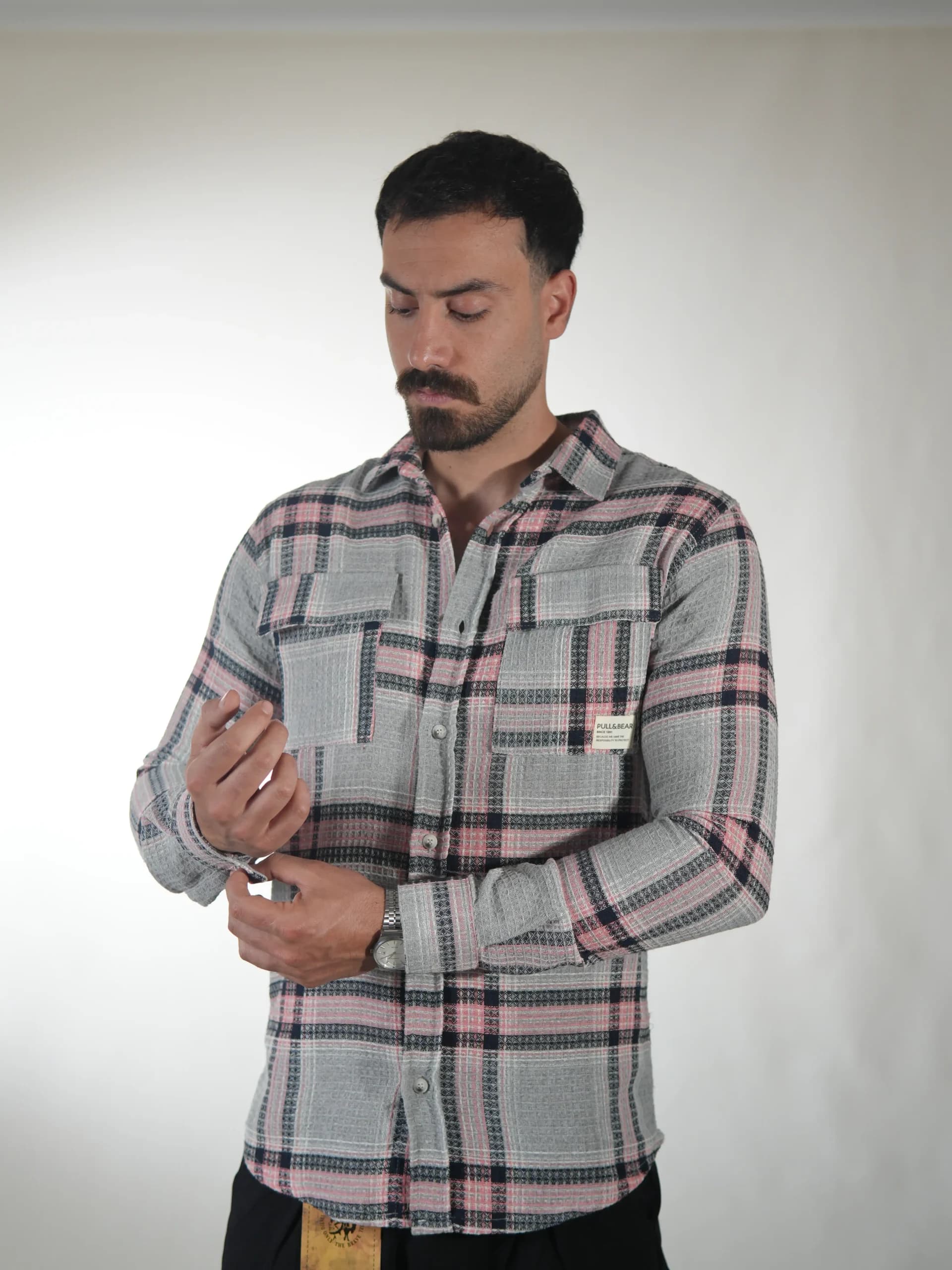 پیراهن مردانه کشمیر راهراه طوسی گلهبی سایز XL