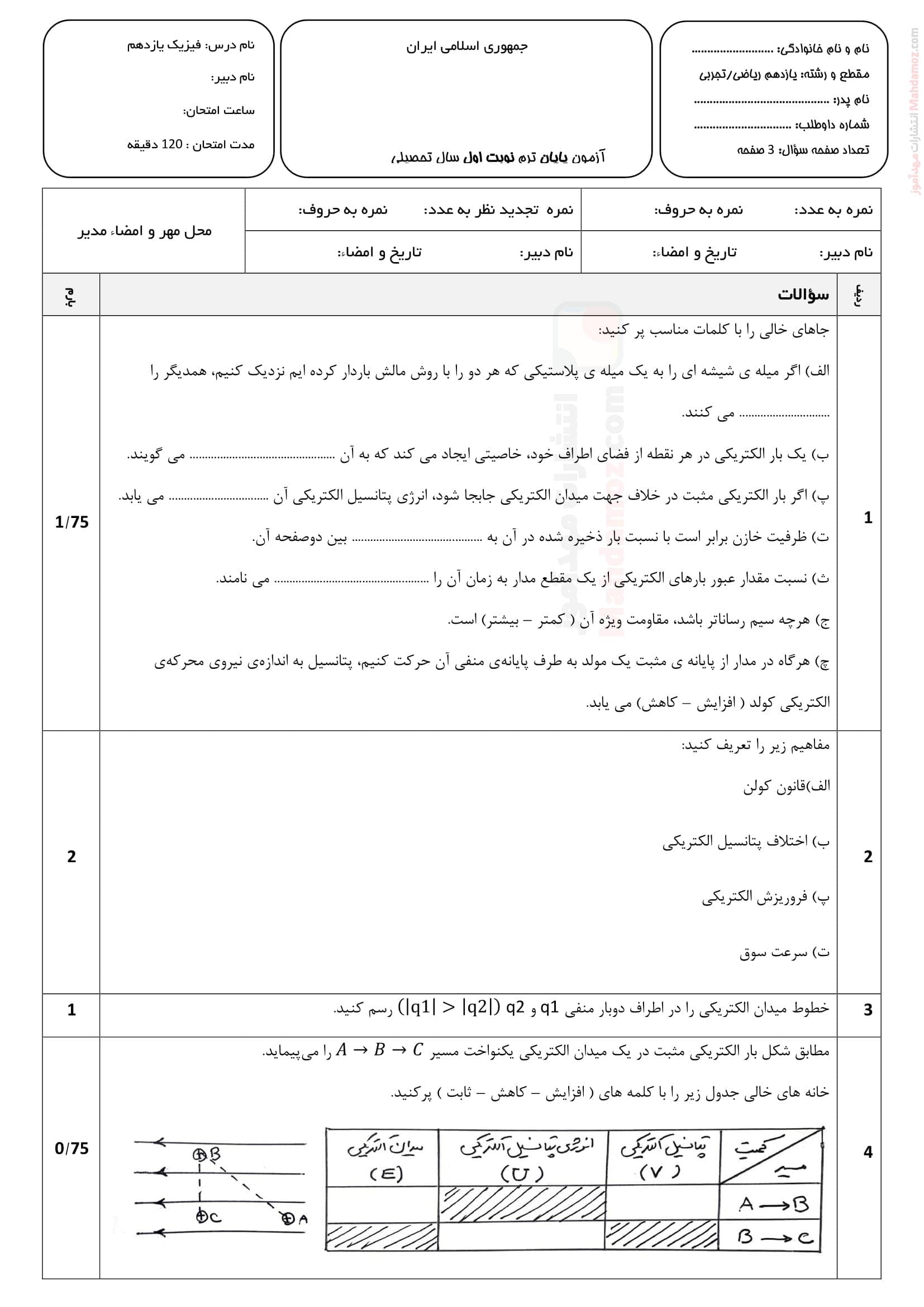 امتحان پایانی هماهنگ فیزیک نوبت اول علوم تجربی یازدهم | با جواب