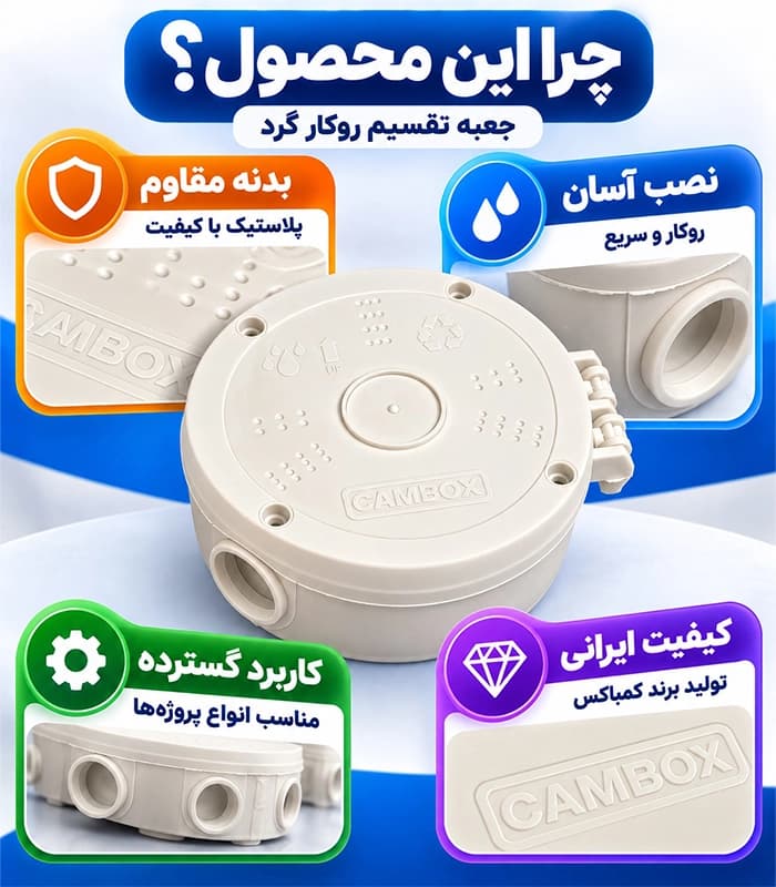 جعبه تقسیم روکار دوربین مداربسته گرد سایز14 CAM BOX لولایی — تصویر ۷