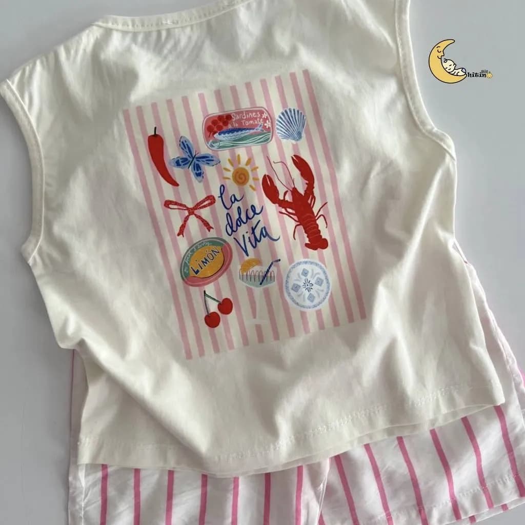 تاپ و شلوارک نخی دخترانه و پسرانه طرح راه راه تابستانی سایز 2 تا 6 سال — تصویر ۳