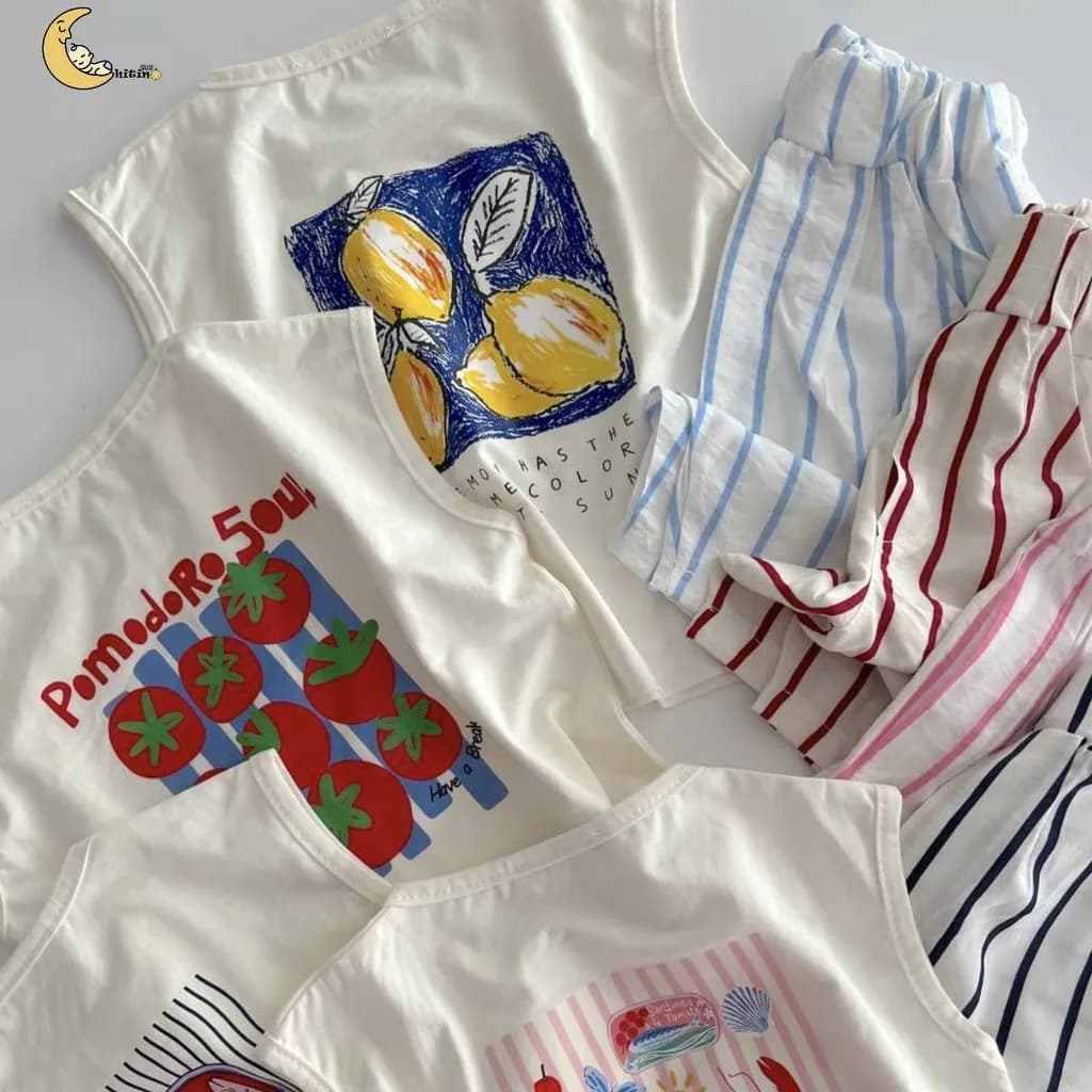 تاپ و شلوارک نخی دخترانه و پسرانه طرح راه راه تابستانی سایز 2 تا 6 سال — تصویر ۸