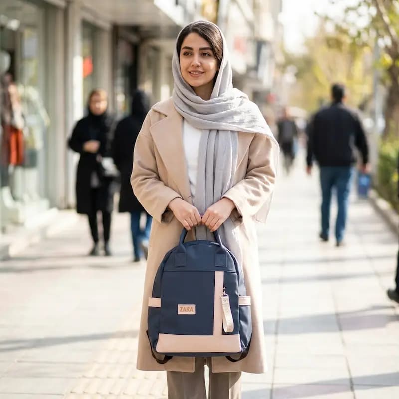 کوله پشتی دخترانه دانشجویی دو کاره ZARA رنگ سورمه ای کد 10258 — تصویر ۴