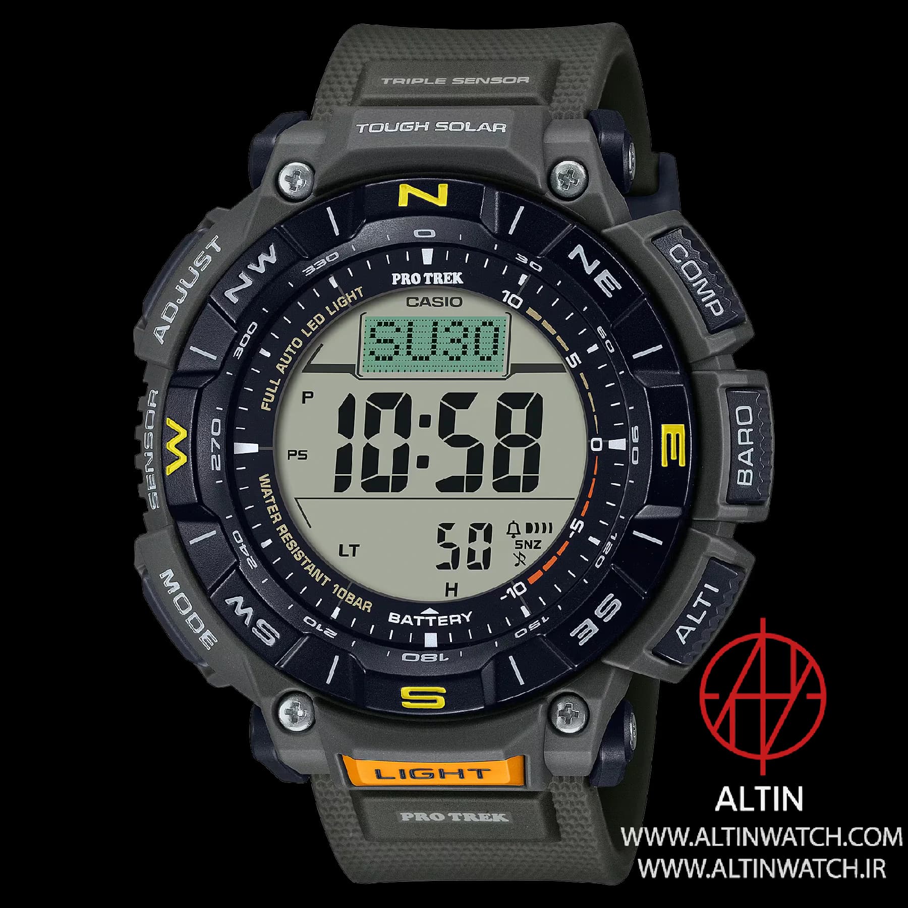ساعت مچی مردانه کاسیو (Casio) پروترک مدل PRG-340-3DR (سنسور سه‌گانه, شارژ خورشیدی, تخصصی کوهنوردی)
