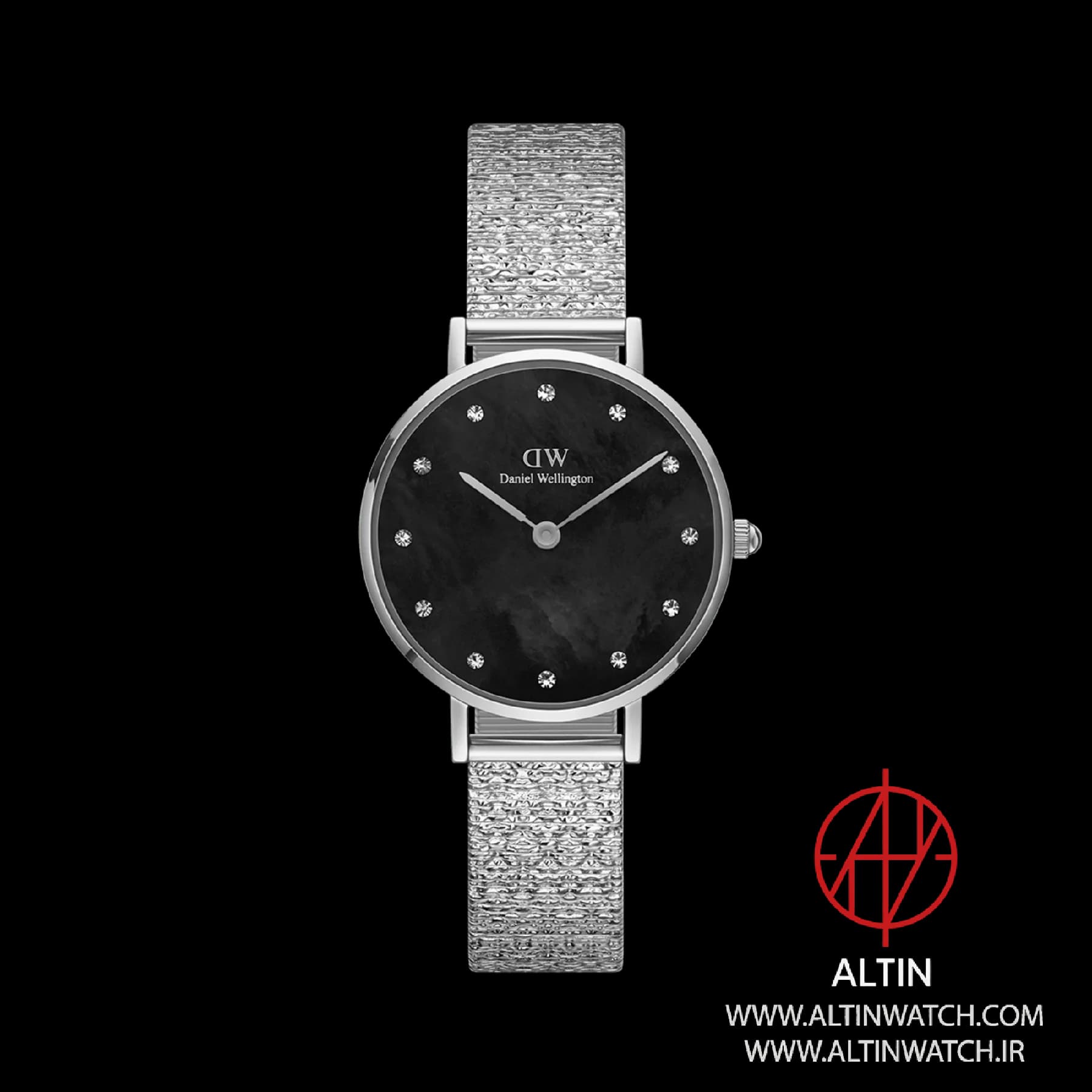 ساعت مچی زنانه دنیل ولینگتون (Daniel Wellington) مدل DW00100593 (کالکشن Petite Lumine، صفحه صدف مشکی، بند حصیری نقره‌ای)
