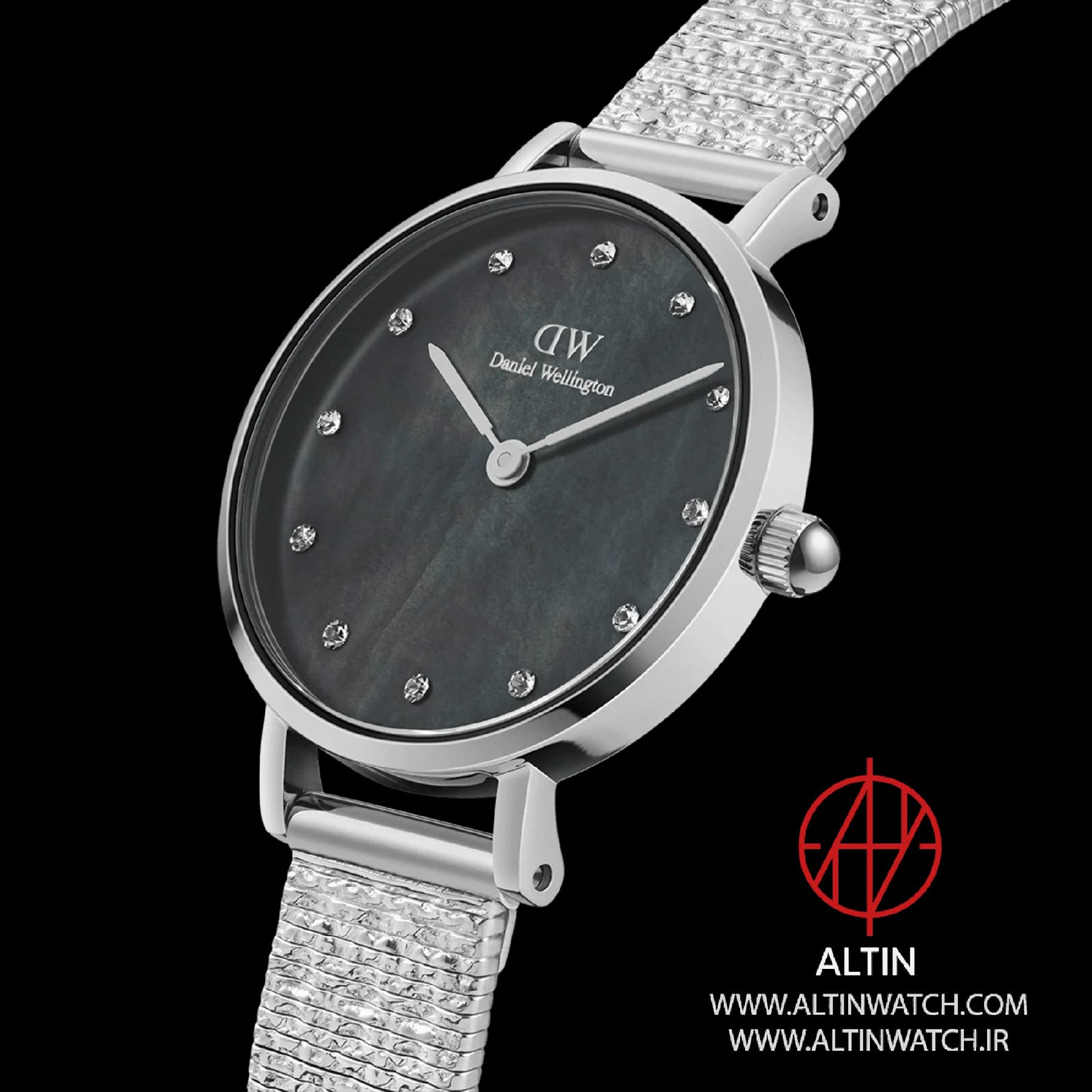 ساعت مچی زنانه دنیل ولینگتون (Daniel Wellington) مدل DW00100593 (کالکشن Petite Lumine، صفحه صدف مشکی، بند حصیری نقره‌ای) — تصویر ۲