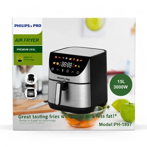سرخ کن هواپز 15 لیتری لمسی دو 2 المنت بدون روغن 3000 وات صفحه تخت فیلیپس مدل PHILIPS PH-1897 بزرگ سرخکن همراه سبد جدا شو