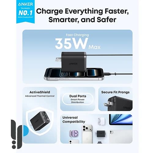 شارژر دیواری 35 وات انکر مدل Anker Nano Charger a2658 همراه با کابل Type-C — تصویر ۲